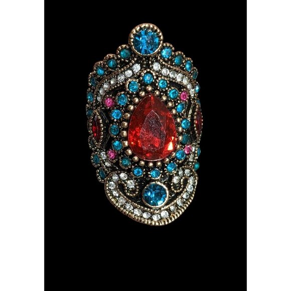 Bohemian Glam Red And Blue Gemmed Cocktail Ring - Picture 2 of 7